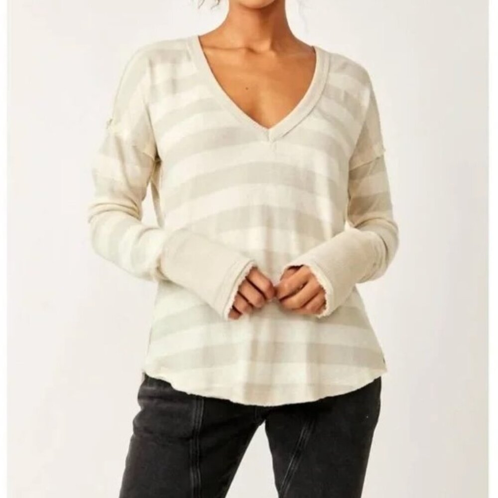 We The Free Sail Away Striped Long Sleeve Top Size S Cream White V Neck Cotton